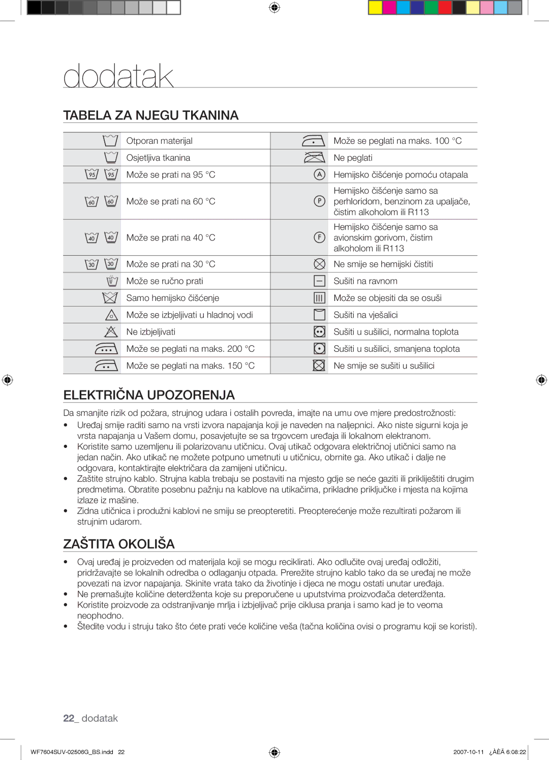 Samsung WF7604SUV/YLE, WF7602SUV/YLE manual Dodatak, Tabela ZA Njegu Tkanina, Električna Upozorenja, Zaštita Okoliša 