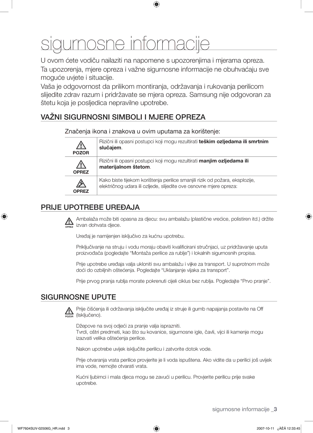 Samsung WF7602SUV/YLE, WF7604SUV/YLE manual Važni Sigurnosni Simboli I Mjere Opreza, Sigurnosne Upute 