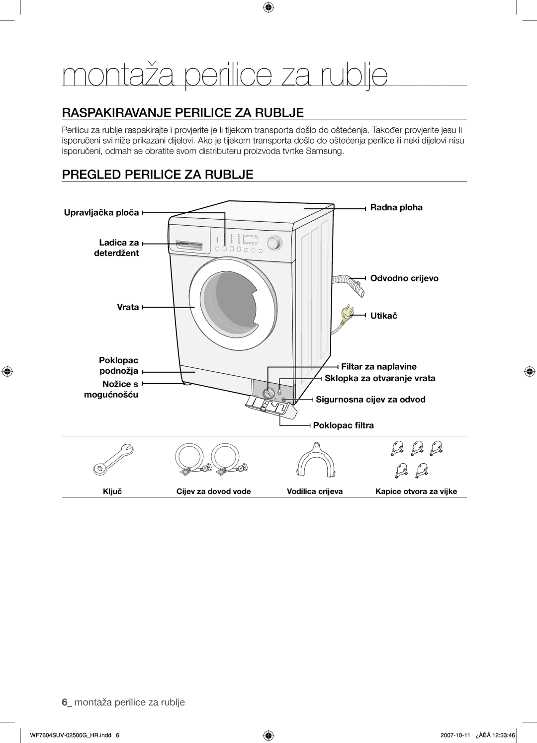 Samsung WF7604SUV/YLE manual Montaža perilice za rublje, Raspakiravanje Perilice ZA Rublje, Pregled Perilice ZA Rublje 