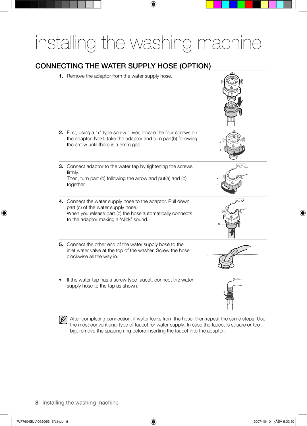 Samsung WF7604SUV/YLE, WF7602SUV/YLE manual Connecting the Water Supply Hose Option 