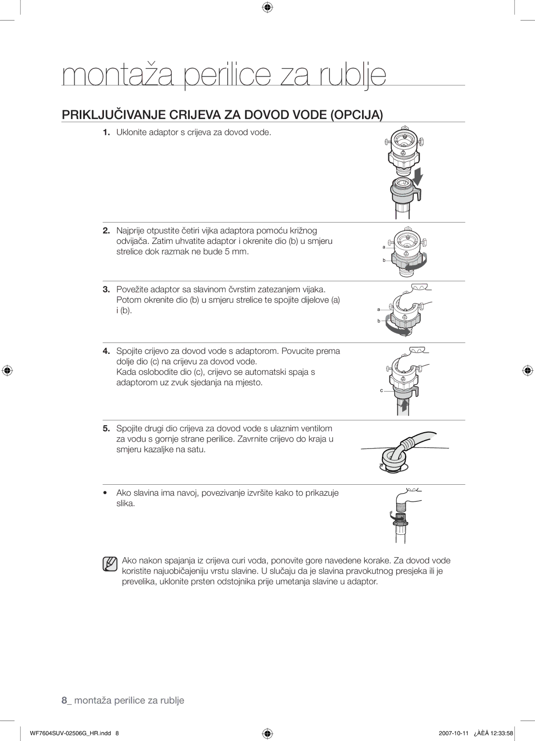 Samsung WF7604SUV/YLE, WF7602SUV/YLE manual Priključivanje Crijeva ZA Dovod Vode Opcija 