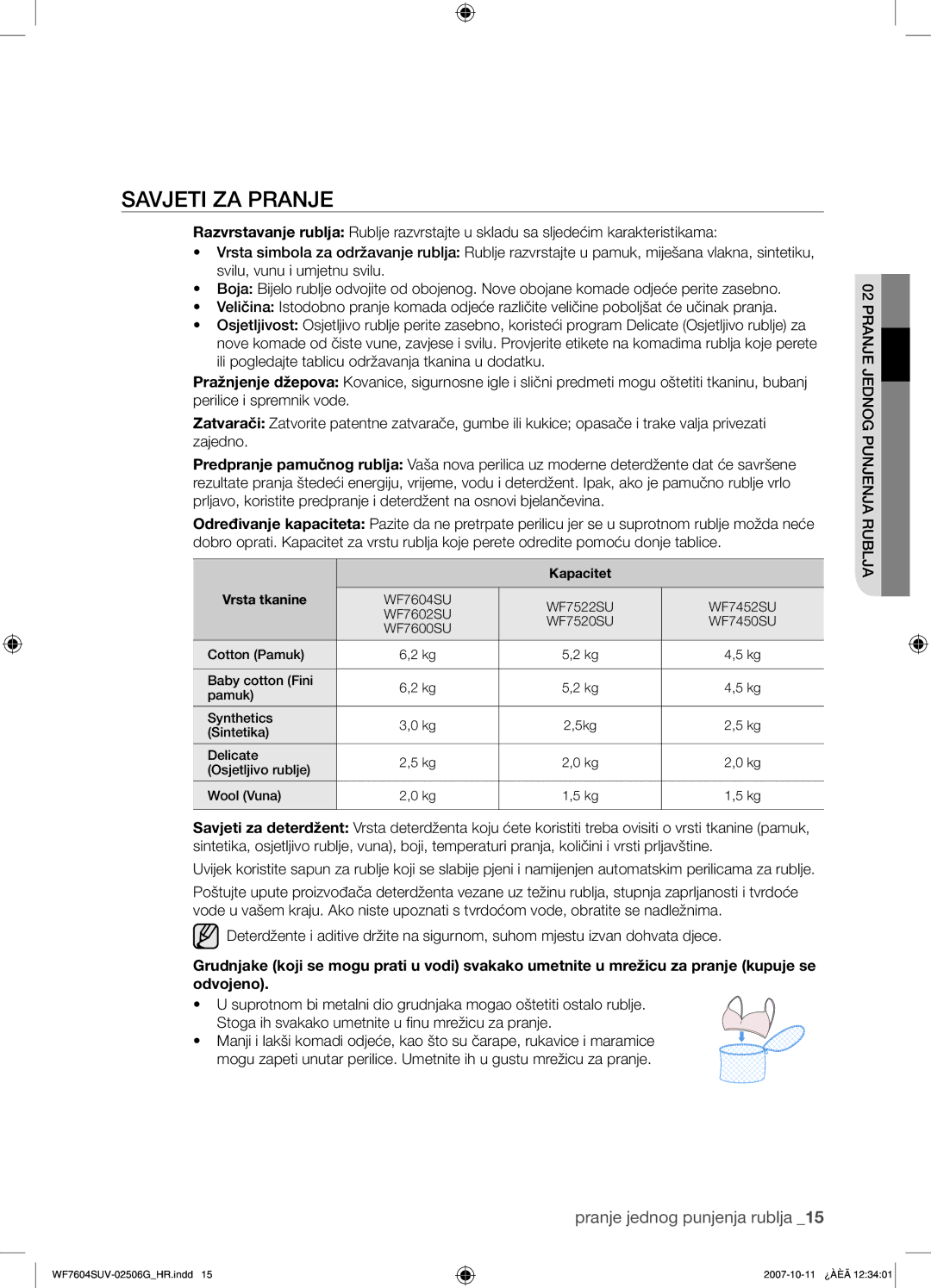 Samsung WF7602SUV/YLE, WF7604SUV/YLE manual Kapacitet Vrsta tkanine 