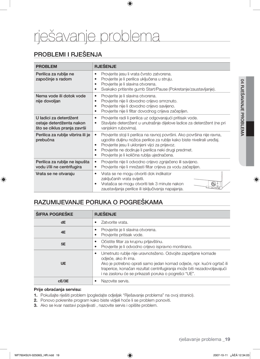 Samsung WF7602SUV/YLE, WF7604SUV/YLE manual Razumijevanje Poruka O Pogreškama, Šifra Pogreške Rješenje 