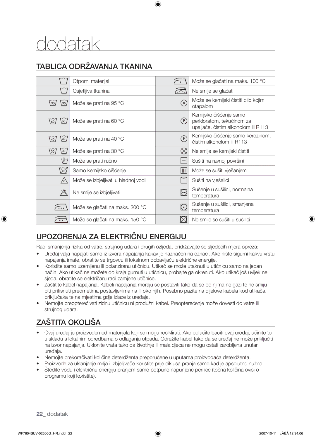 Samsung WF7604SUV/YLE, WF7602SUV/YLE manual Tablica Održavanja Tkanina, Upozorenja ZA Električnu Energiju 