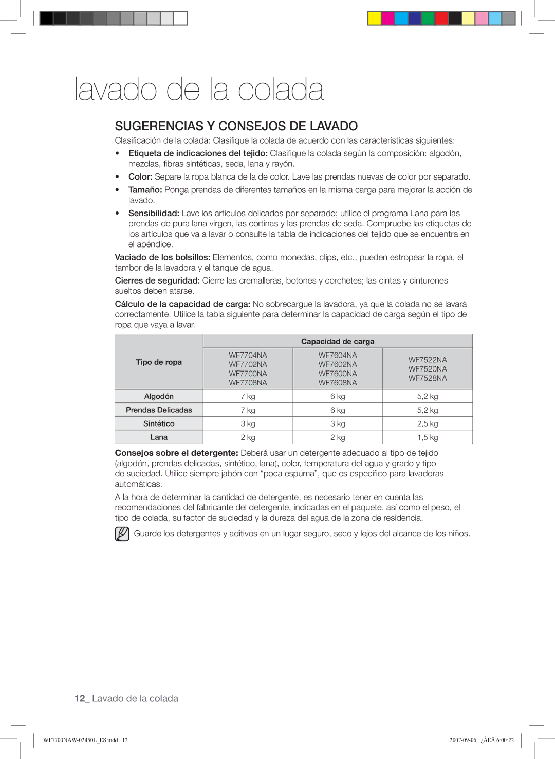 Samsung WF7602NAW/XEC, WF7700NAW/XEP, WF7600NAW/XEP, WF7600NAW/XEC manual Sugerencias Y Consejos DE Lavado, Capacidad de carga 