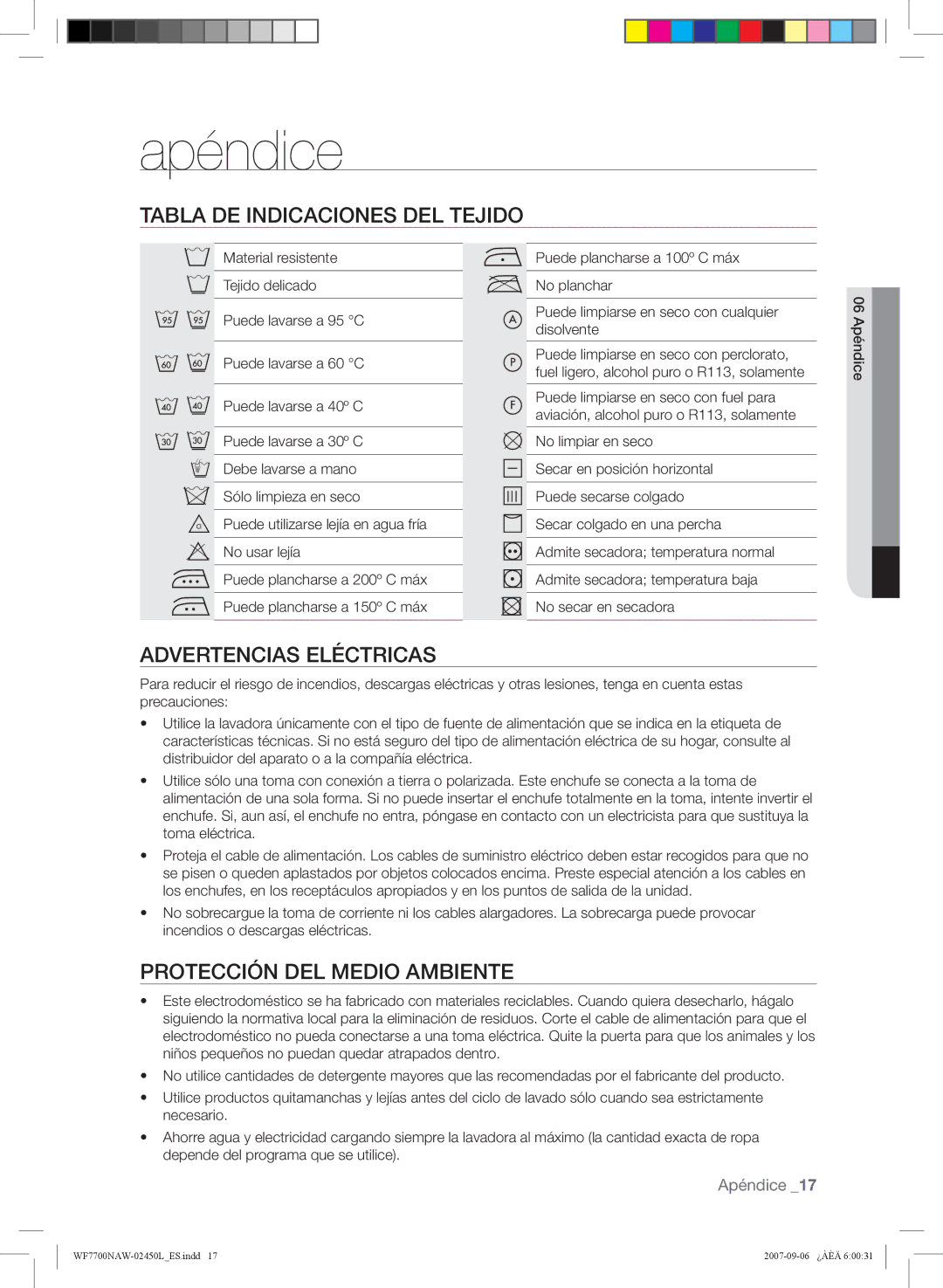 Samsung WF7600NAW/XEP Apéndice, Tabla DE Indicaciones DEL Tejido, Advertencias Eléctricas, Protección DEL Medio Ambiente 