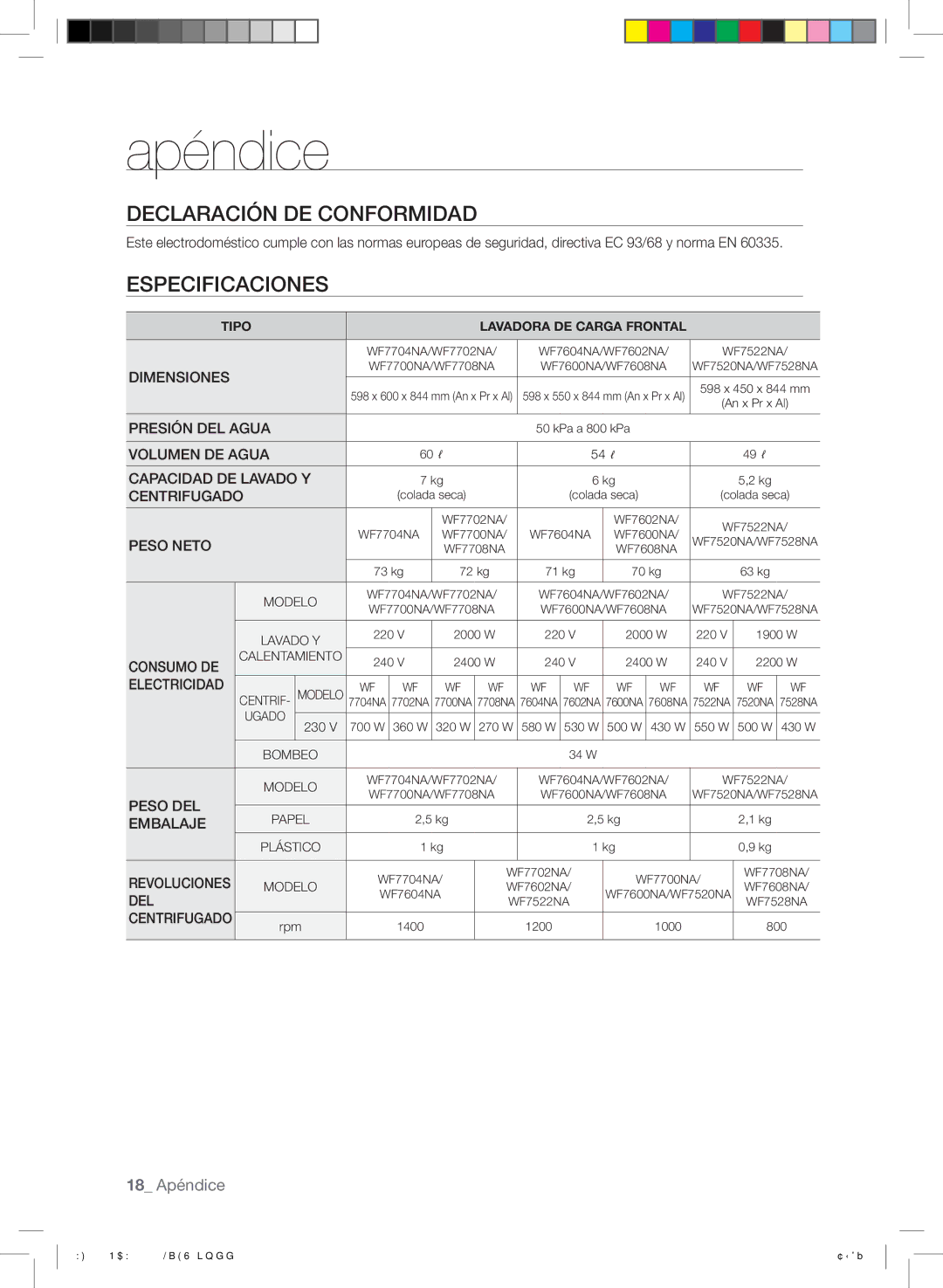 Samsung WF7600NAW/XEC, WF7700NAW/XEP, WF7600NAW/XEP, WF7700NAW/XEC manual Declaración DE Conformidad, Especificaciones 