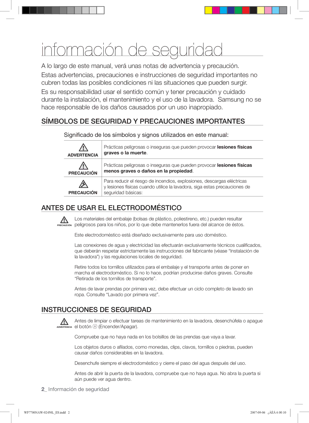 Samsung WF7600NAW/XEC, WF7700NAW/XEP manual Información de seguridad, Símbolos DE Seguridad Y Precauciones Importantes 