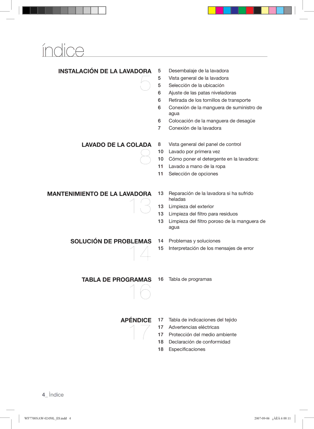 Samsung WF7602NAW/XEC, WF7700NAW/XEP manual Índice, Advertencias eléctricas, Declaración de conformidad, Especificaciones 