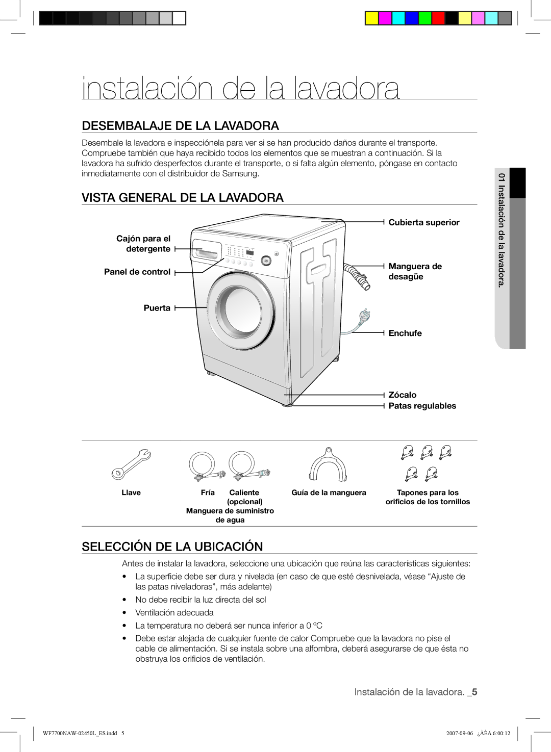 Samsung WF7702NAW/XEC, WF7700NAW/XEP Instalación de la lavadora, Desembalaje DE LA Lavadora, Vista General DE LA Lavadora 