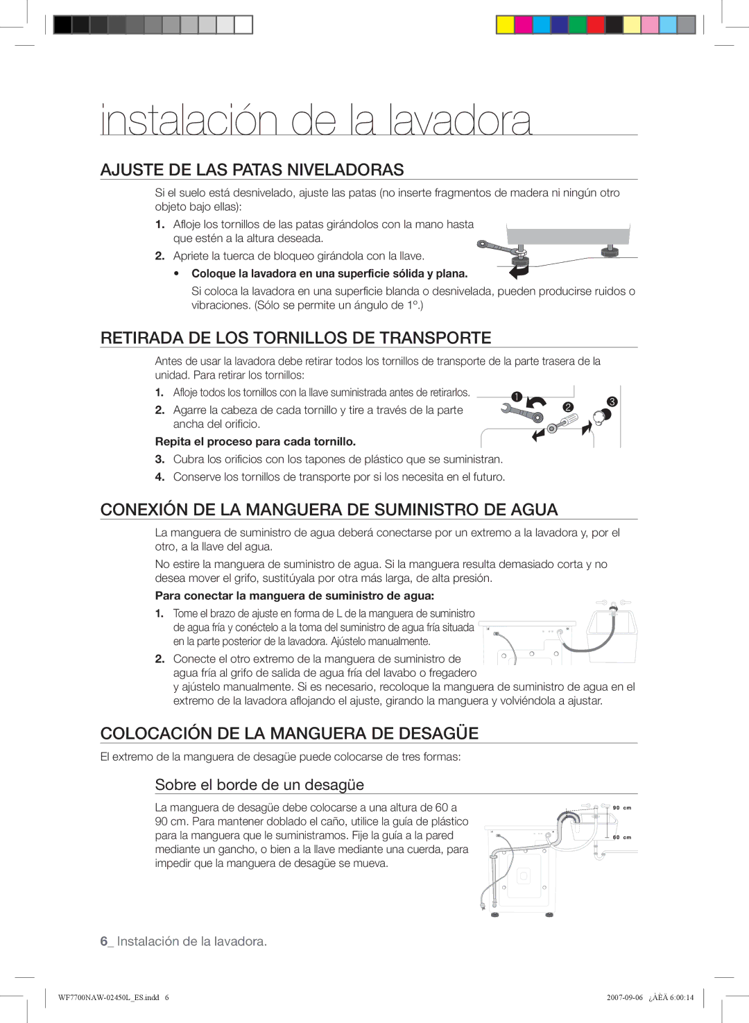 Samsung WF7700NAV/XEC, WF7700NAW/XEP manual Ajuste DE LAS Patas Niveladoras, Retirada DE LOS Tornillos DE Transporte 