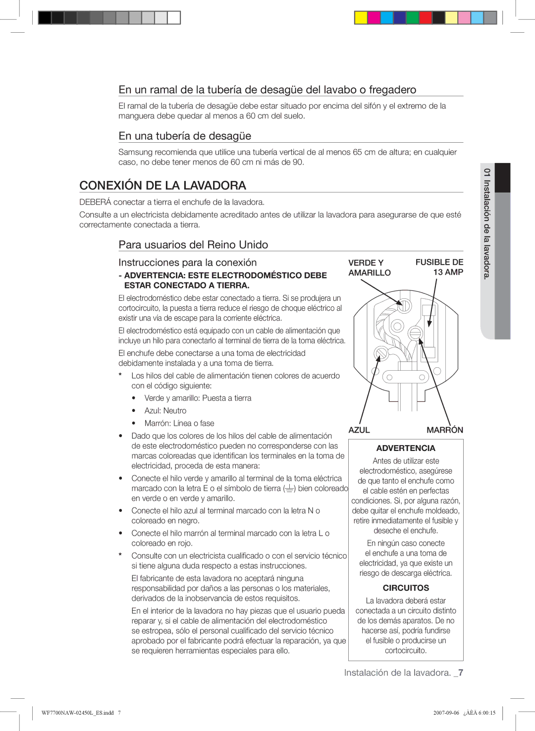 Samsung WF7600NAV/XEC, WF7700NAW/XEP Conexión DE LA Lavadora, 13 AMP, Antes de utilizar este, La lavadora deberá estar 