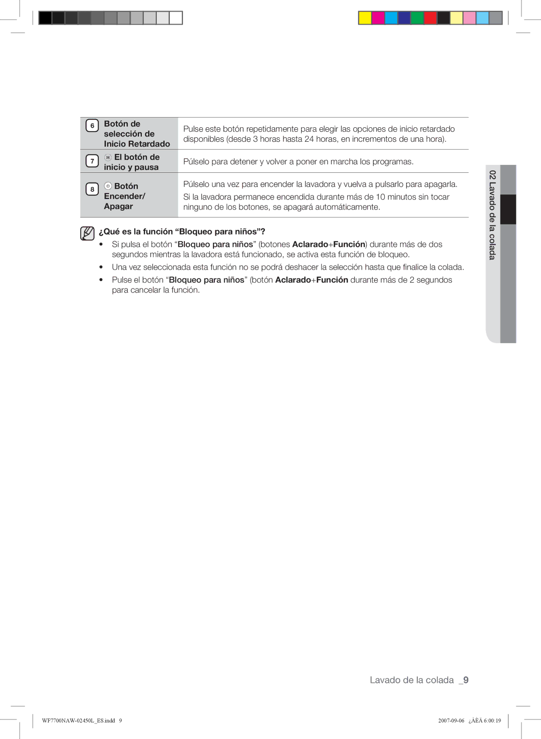 Samsung WF7600NAW/XEP, WF7700NAW/XEP, WF7600NAW/XEC, WF7700NAW/XEC, WF7602NAW/XEC Selección de, Inicio Retardado, Encender 