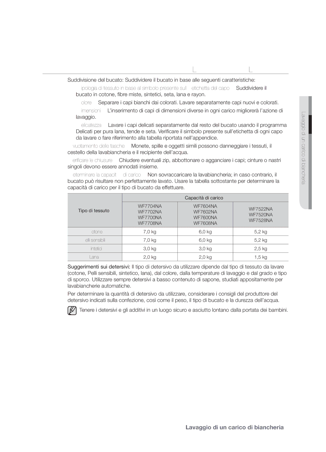 Samsung WF7600NAW/XET, WF7700NAW/XET manual Suggerimenti E Consigli PER UN Lavaggio Corretto, Capacità di carico 