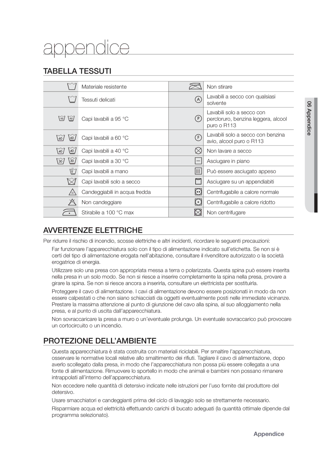 Samsung WF7600NAW/XET, WF7700NAW/XET manual Appendice, Tabella Tessuti, Avvertenze Elettriche, Protezione DELL’AMBIENTE 