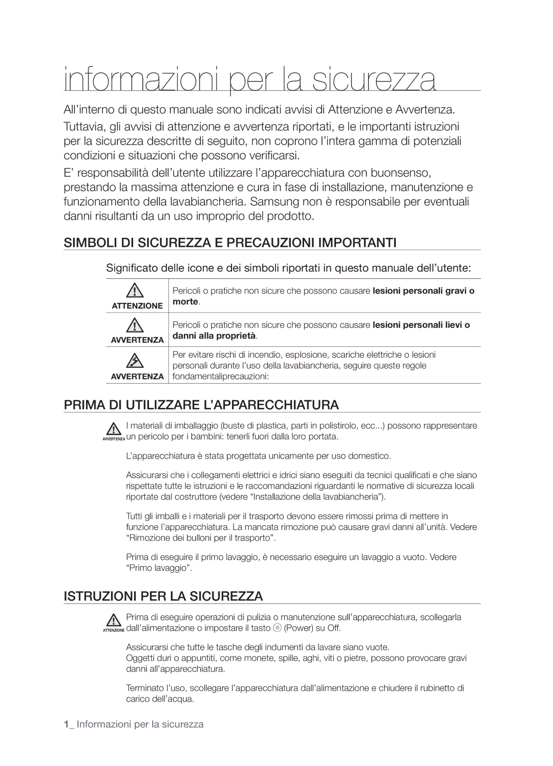 Samsung WF7700NAW/XET, WF7600NAW/XET manual Informazioni per la sicurezza, Simboli DI Sicurezza E Precauzioni Importanti 