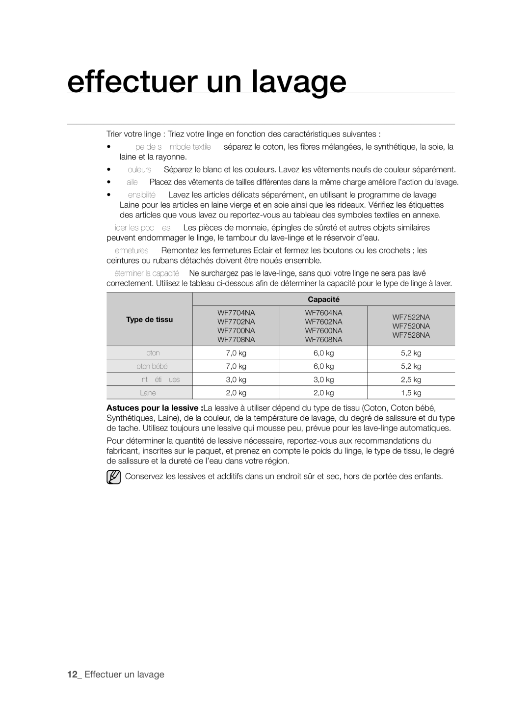 Samsung WF7702NAW/XEF, WF7702NAS/XEF manual Trucs ET Astuces, Capacité 