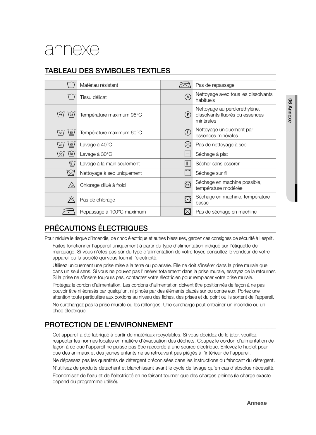 Samsung WF7702NAS/XEF manual Annexe, Tableau DES Symboles Textiles, Précautions Électriques, Protection DE L’ENVIRONNEMENT 