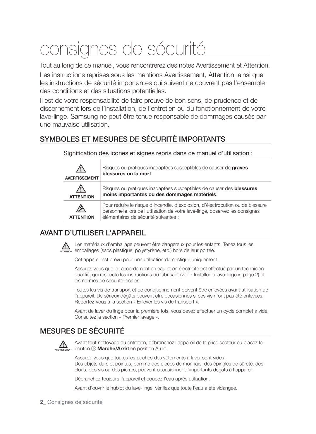 Samsung WF7702NAW/XEF manual Consignes de sécurité, Symboles ET Mesures DE Sécurité Importants, Avant D’UTILISER L’APPAREIL 