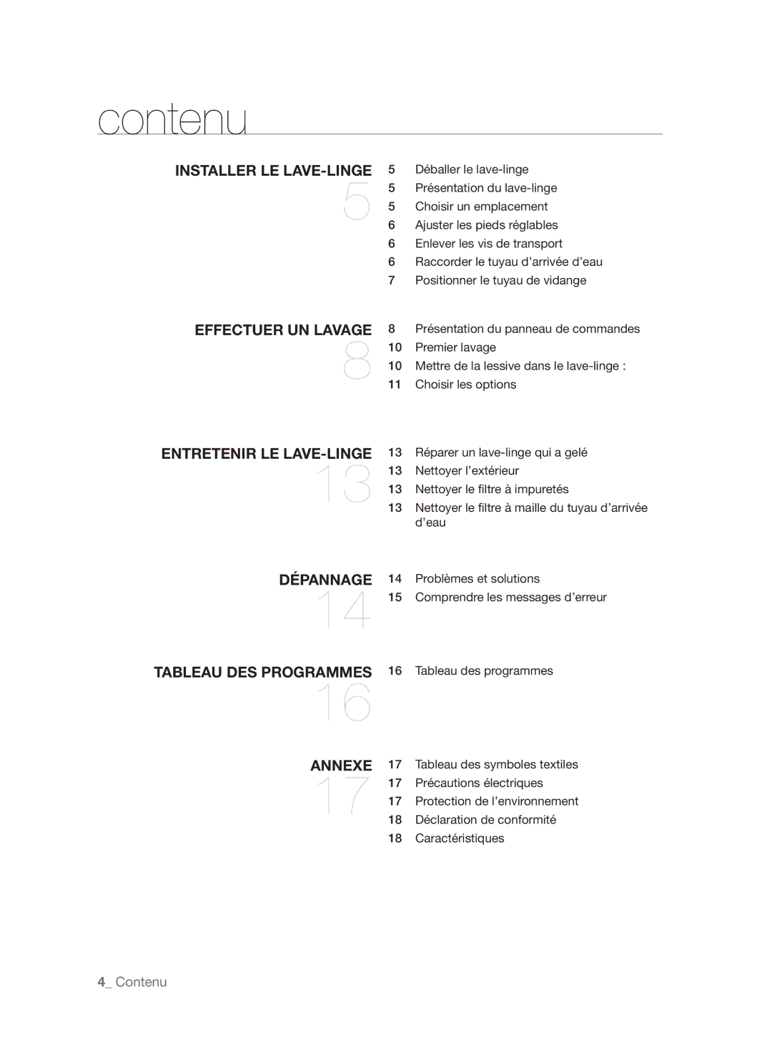 Samsung WF7702NAW/XEF, WF7702NAS/XEF manual Contenu, Installer LE LAVE-LINGE 