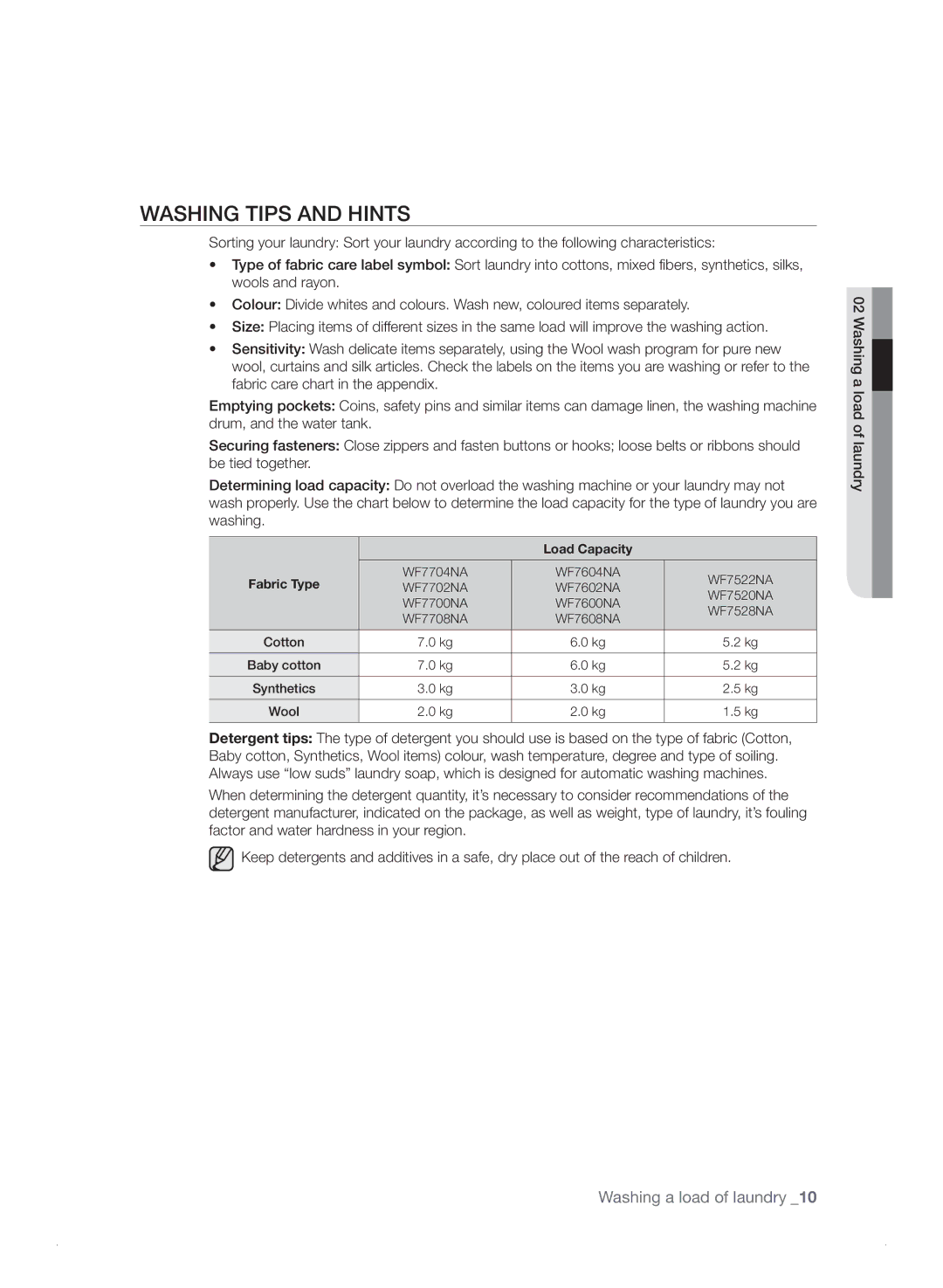 Samsung WF7702NAW/XEU manual Washing Tips and Hints, Load Capacity 