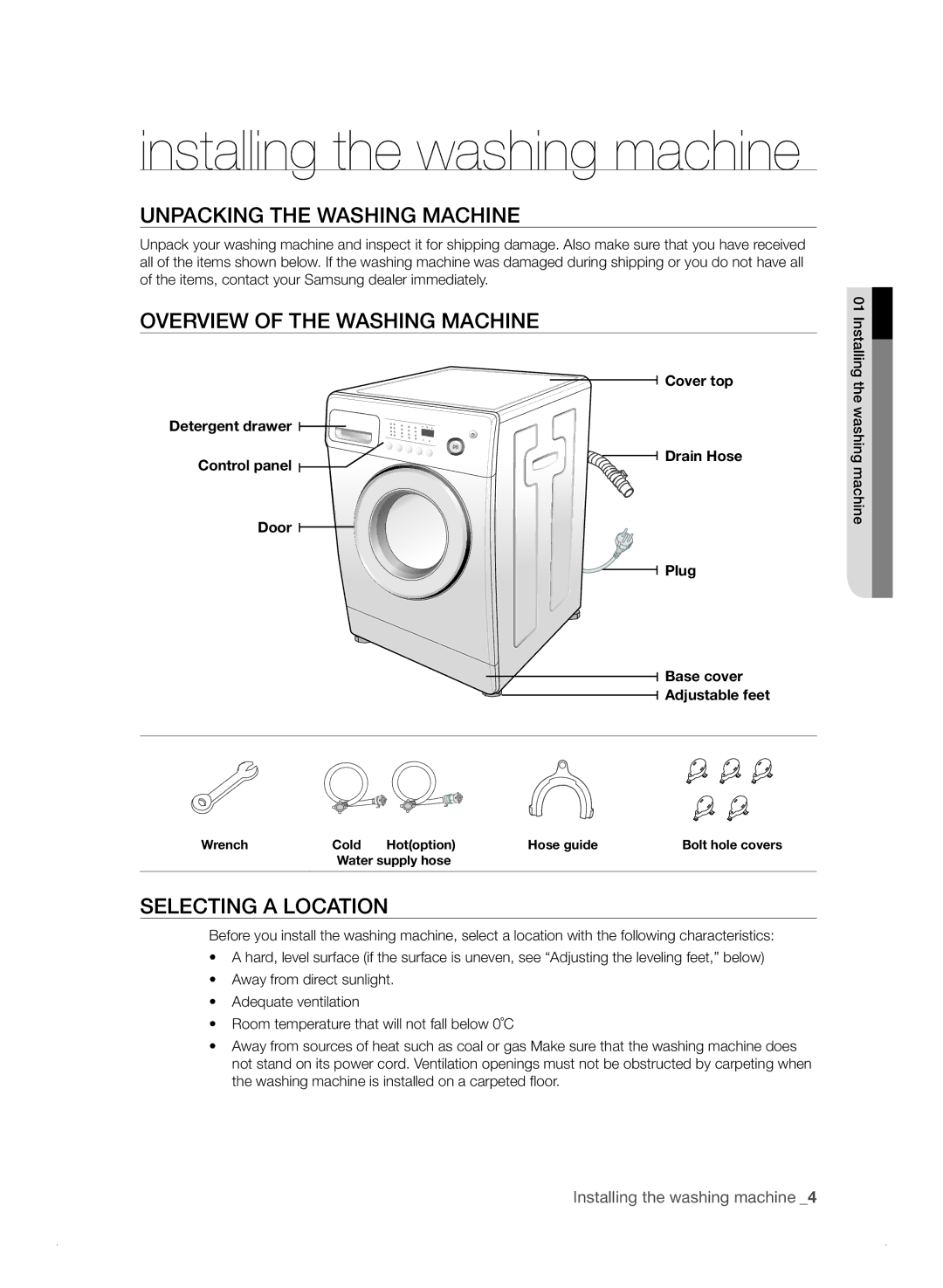 Samsung WF7702NAW/XEU Unpacking the Washing Machine, Overview of the Washing Machine, Selecting a Location, Cover top 