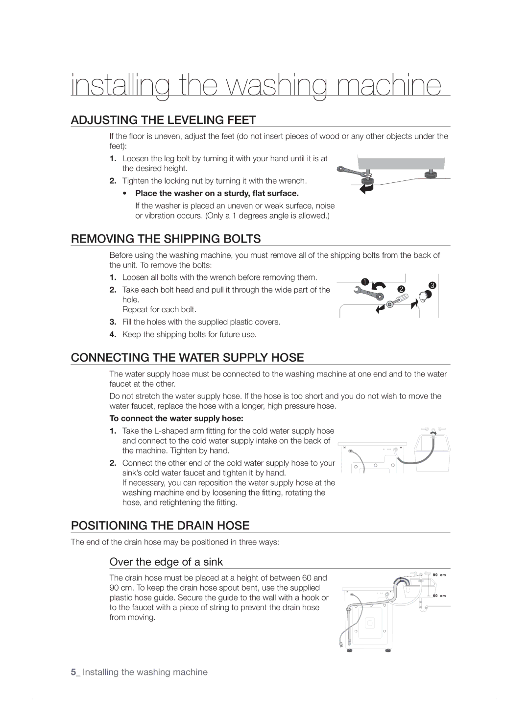 Samsung WF7702NAW/XEU manual Installing the washing machine, Adjusting the Leveling Feet, Removing the Shipping Bolts 