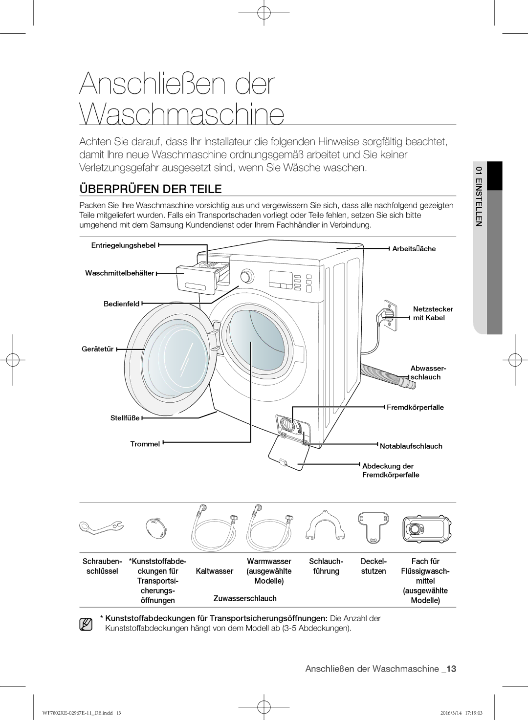 Samsung WF7802XEC/XEG, WF7802XEC/XAG manual Anschließen der Waschmaschine, Überprüfen der Teile 