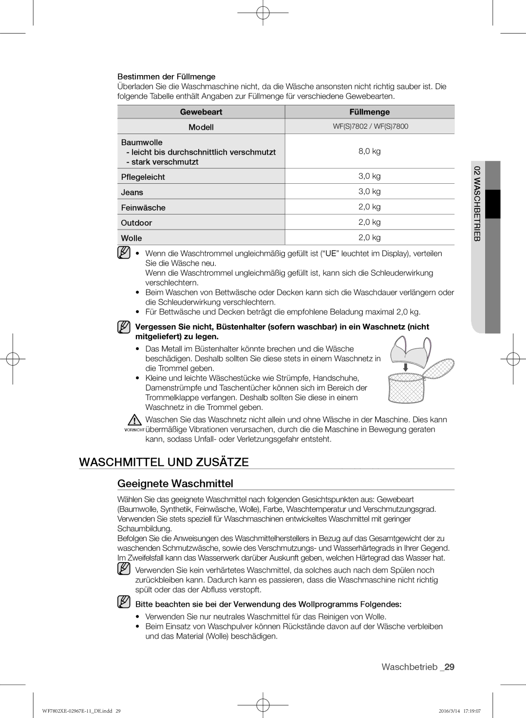 Samsung WF7802XEC/XEG, WF7802XEC/XAG manual Waschmittel und Zusätze, Geeignete Waschmittel 