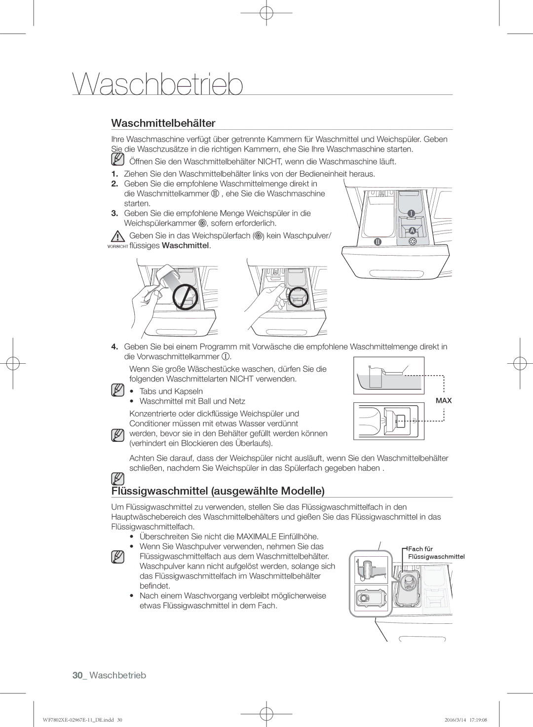 Samsung WF7802XEC/XAG, WF7802XEC/XEG manual Waschmittelbehälter, Flüssigwaschmittel ausgewählte Modelle 