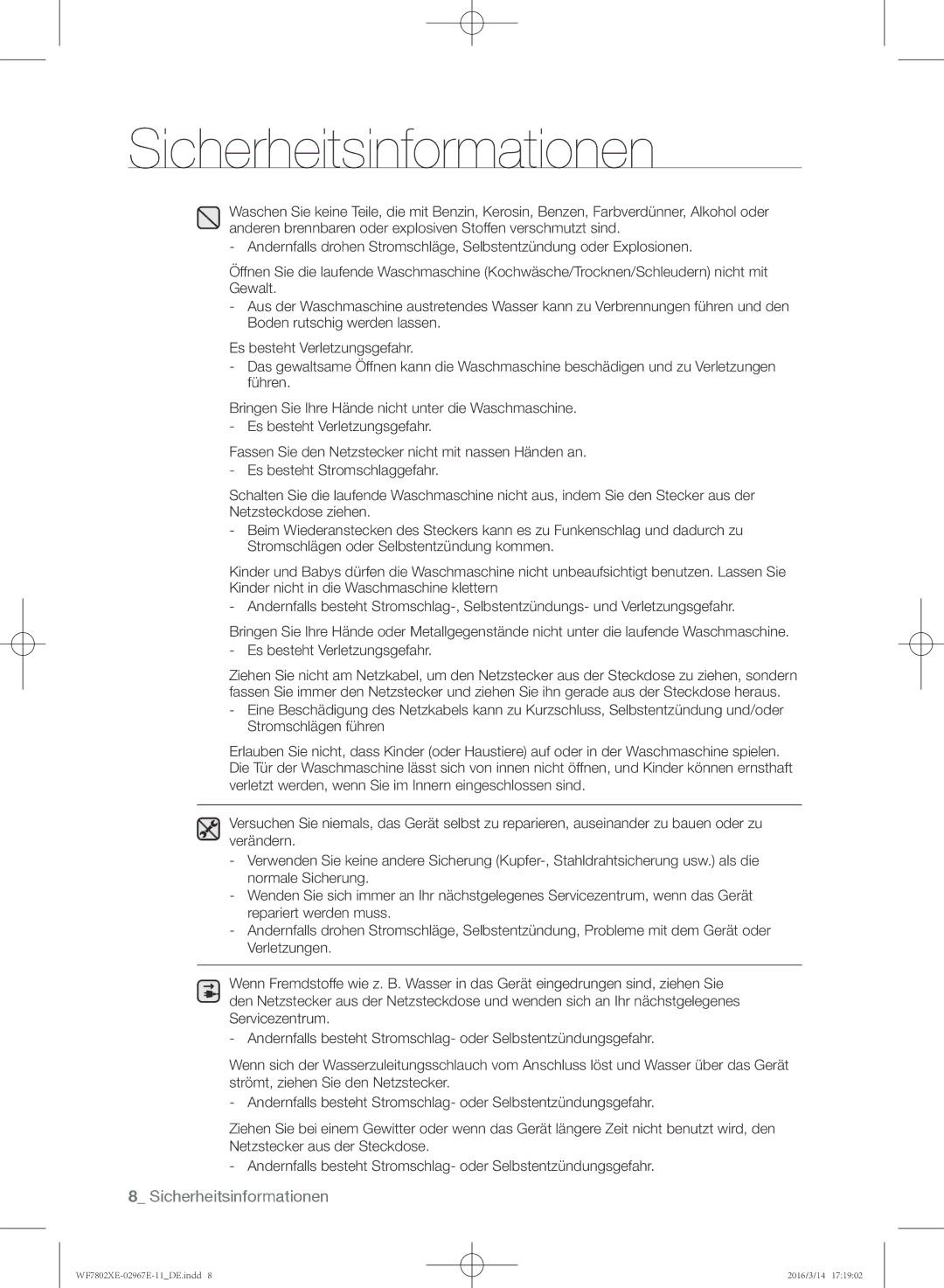 Samsung WF7802XEC/XAG, WF7802XEC/XEG manual Sicherheitsinformationen 