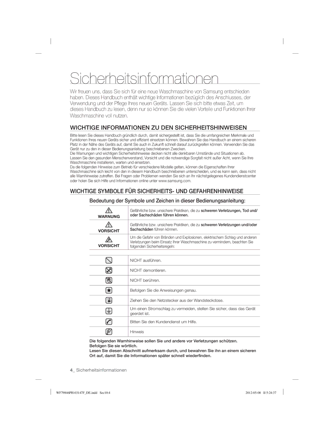 Samsung WF79846PH/XEG manual Wichtige Informationen ZU DEN Sicherheitshinweisen 