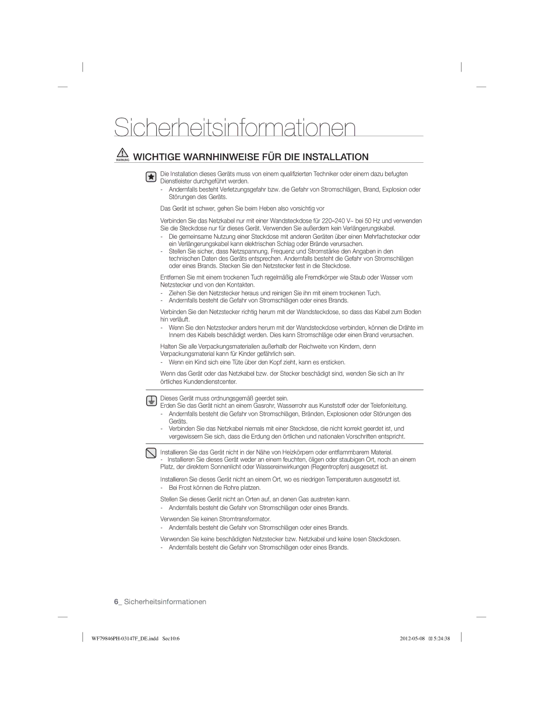 Samsung WF79846PH/XEG manual Warnung Wichtige Warnhinweise FÜR DIE Installation 