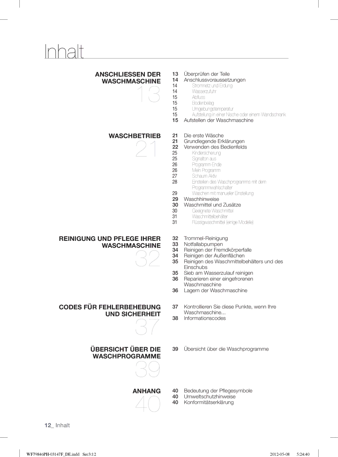 Samsung WF79846PH/XEG manual Inhalt, Waschmaschine 