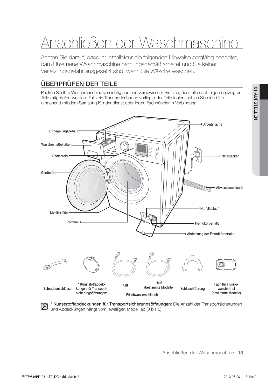 Samsung WF79846PH/XEG manual Anschließen der Waschmaschine, Überprüfen DER Teile 