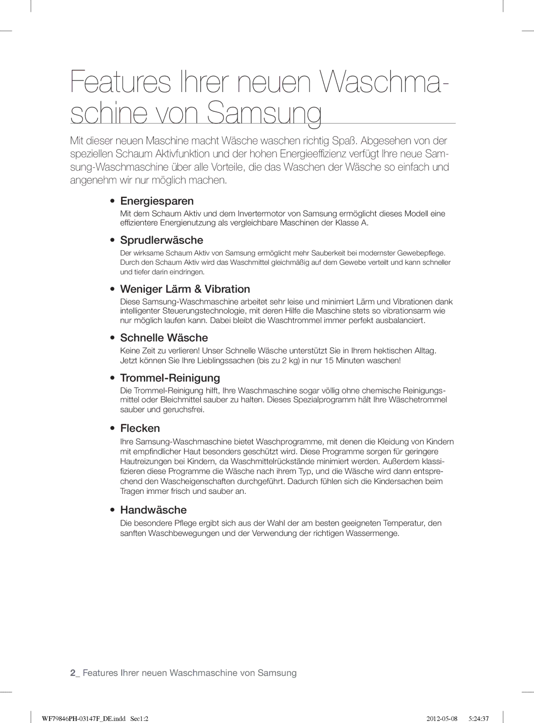 Samsung WF79846PH/XEG Sprudlerwäsche, Weniger Lärm & Vibration, Schnelle Wäsche, Trommel-Reinigung, Flecken, Handwäsche 