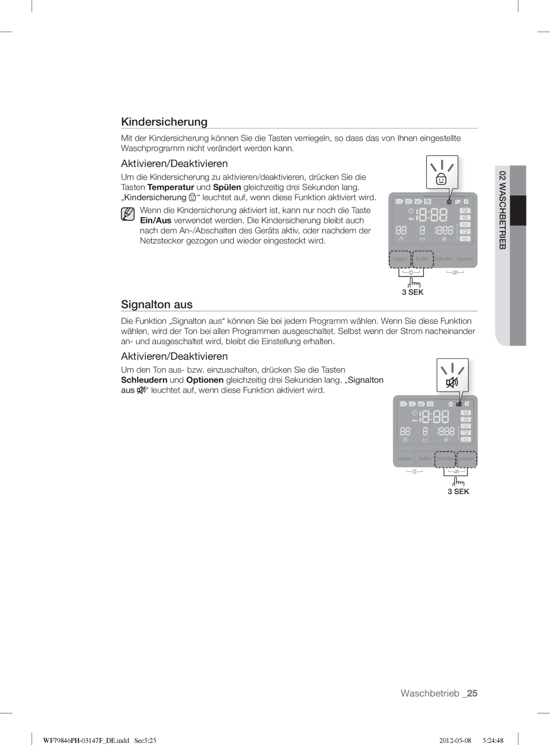 Samsung WF79846PH/XEG manual Signalton aus, Aktivieren/Deaktivieren 