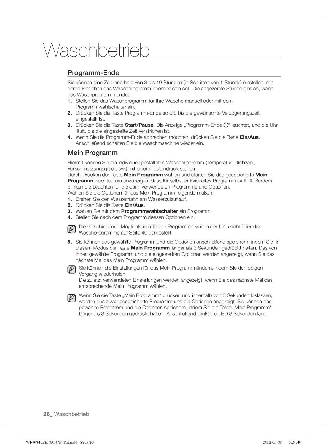 Samsung WF79846PH/XEG manual Programm-Ende, Mein Programm 