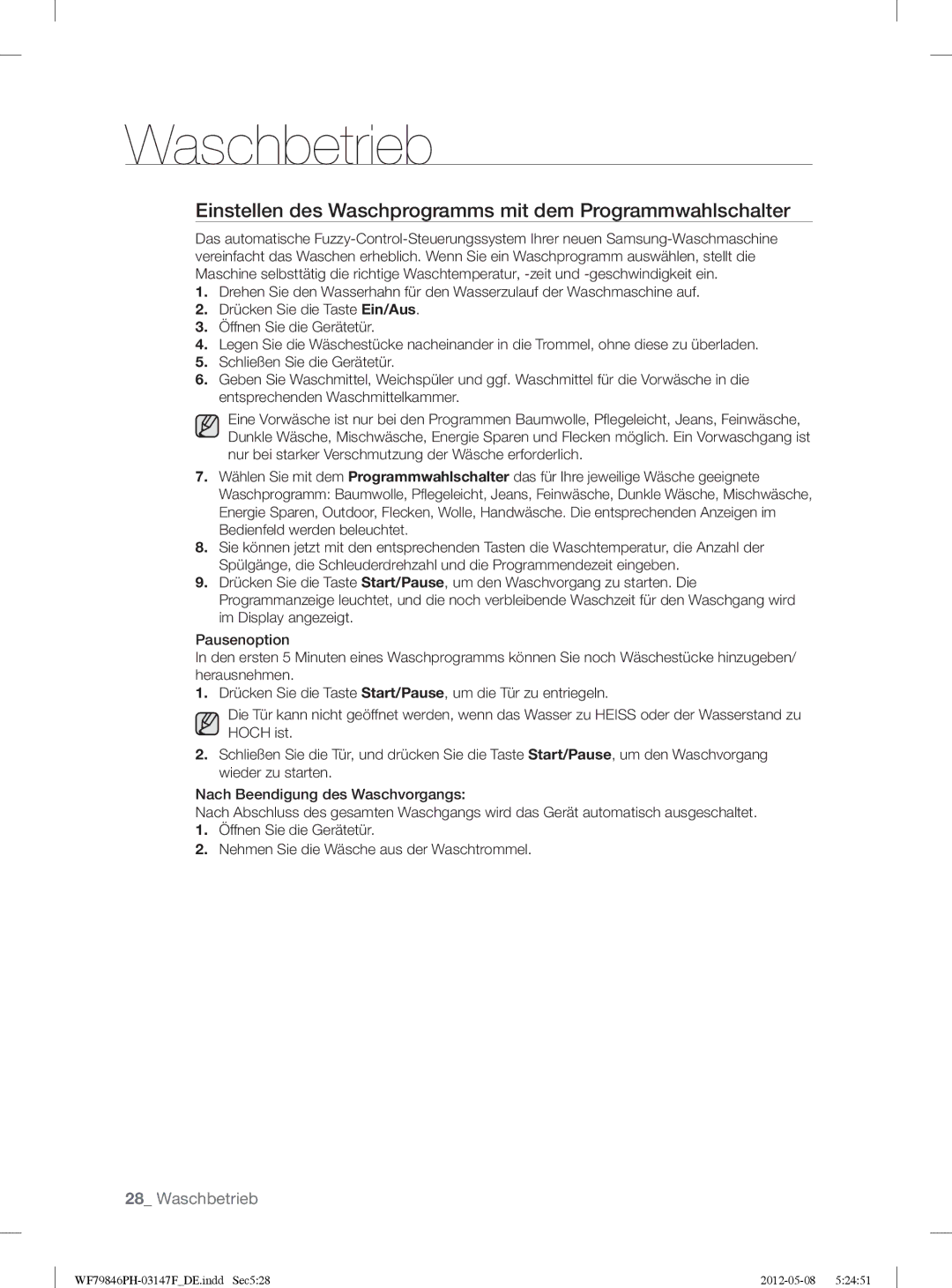 Samsung WF79846PH/XEG manual Einstellen des Waschprogramms mit dem Programmwahlschalter 