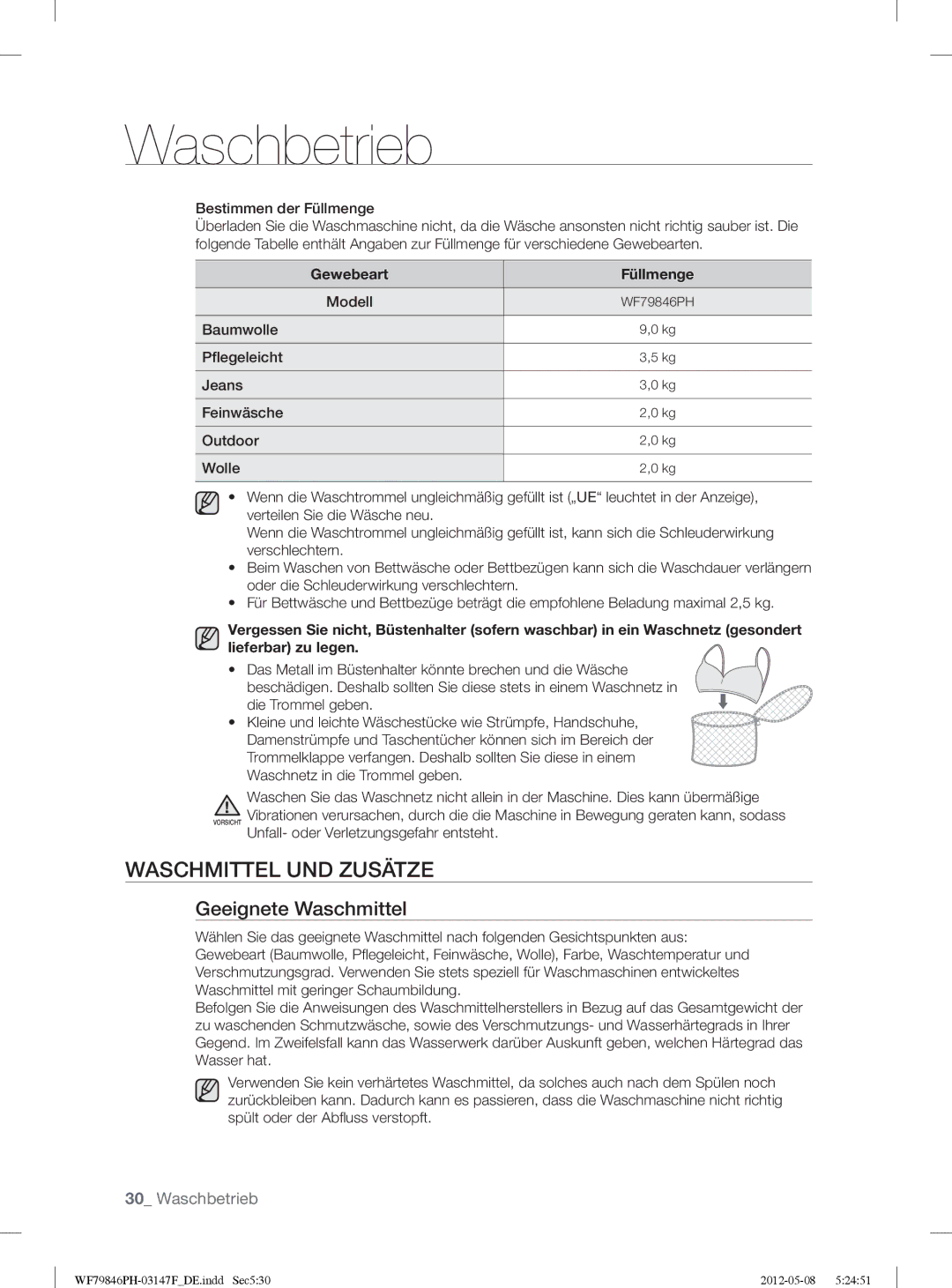 Samsung WF79846PH/XEG manual Waschmittel UND Zusätze, Geeignete Waschmittel 