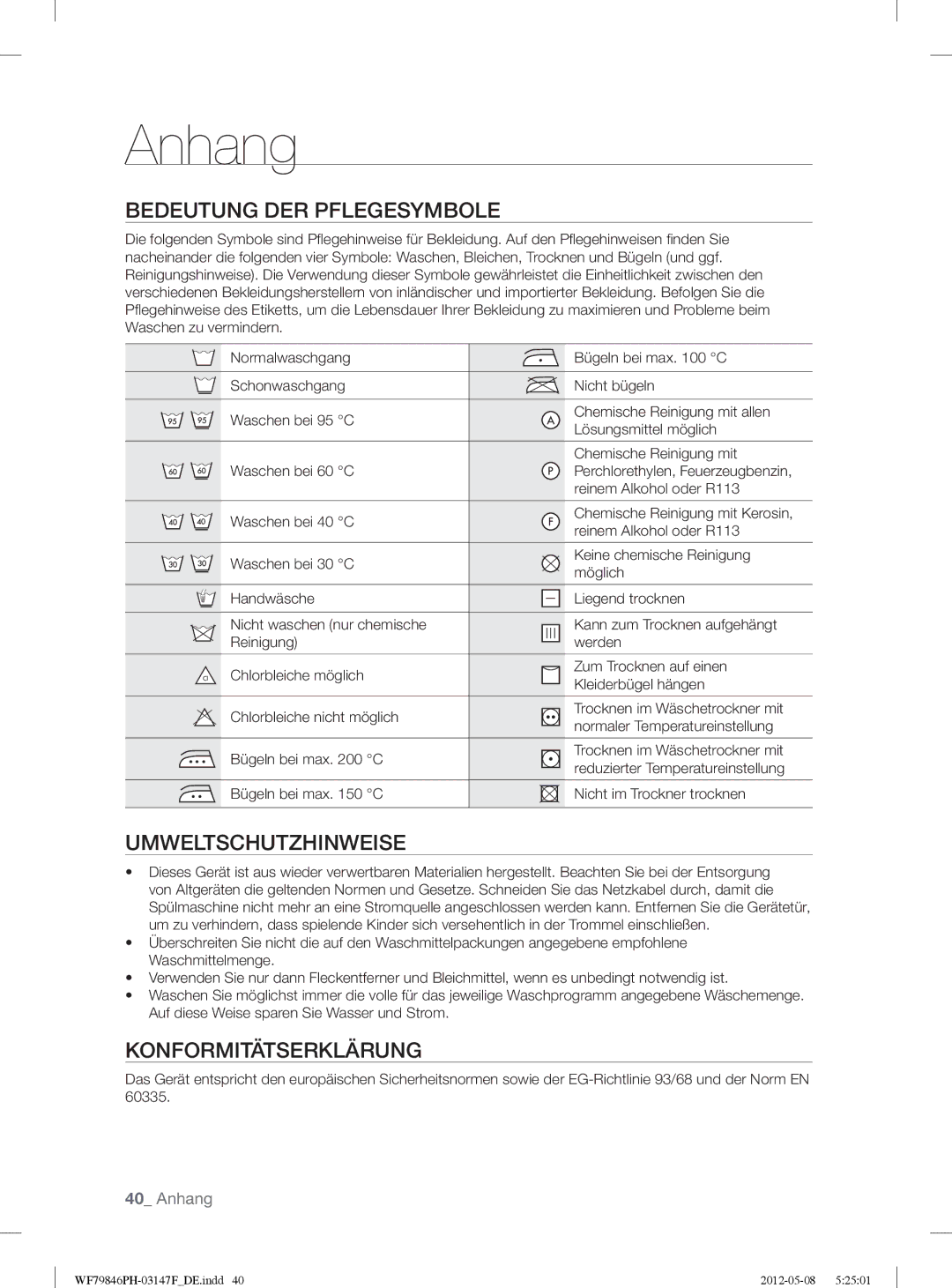 Samsung WF79846PH/XEG manual Anhang, Bedeutung DER Pflegesymbole, Umweltschutzhinweise, Konformitätserklärung 