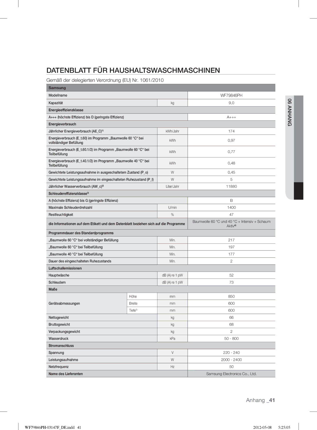 Samsung WF79846PH/XEG manual Datenblatt FÜR Haushaltswaschmaschinen, Gemäß der delegierten Verordnung EU Nr /2010 