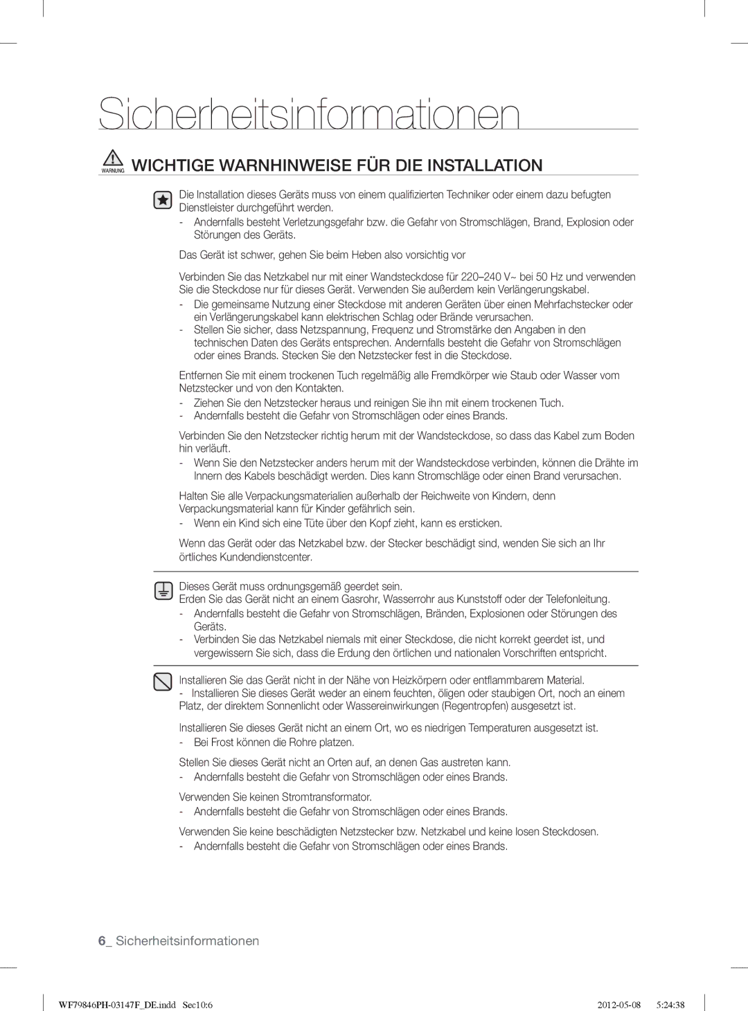 Samsung WF79846PH/XEG manual Warnung Wichtige Warnhinweise FÜR DIE Installation 