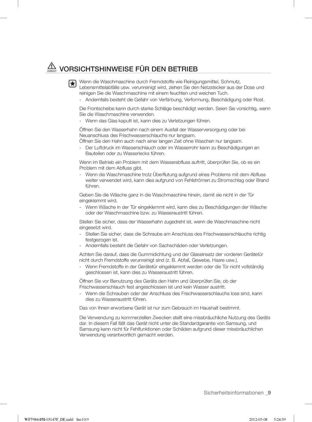 Samsung WF79846PH/XEG manual Vorsicht Vorsichtshinweise FÜR DEN Betrieb 