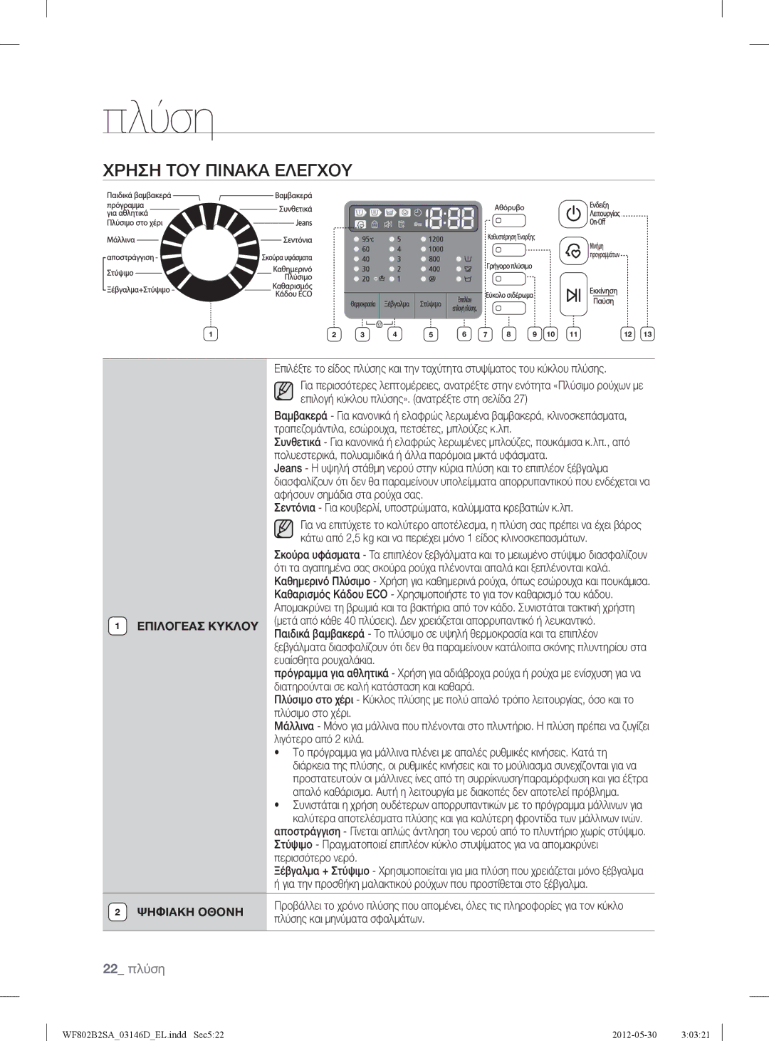 Samsung WF802B2SAWQ/LV manual Χρηση ΤΟΥ Πινακα Ελεγχου, 22 πλύση 