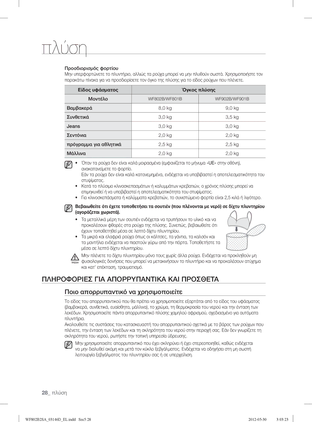 Samsung WF802B2SAWQ/LV manual Πληροφοριεσ ΓΙΑ Απορρυπαντικα ΚΑΙ Προσθετα, Ποιο απορρυπαντικό να χρησιμοποιείτε, Μοντέλο 