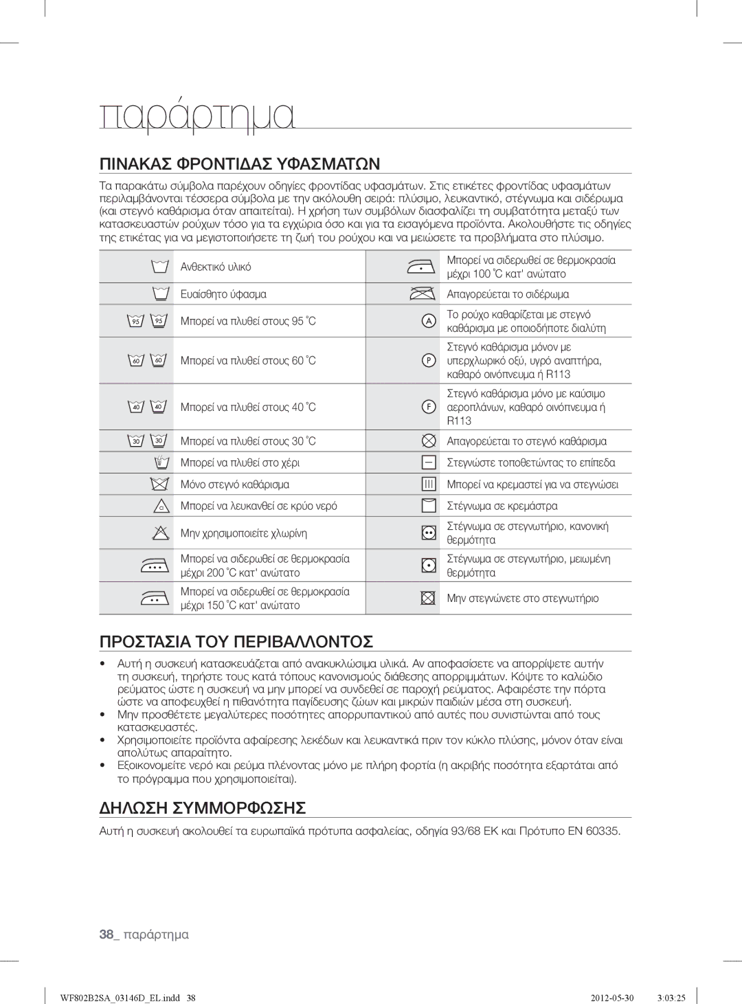 Samsung WF802B2SAWQ/LV manual Παράρτημα, Πινακασ Φροντιδασ Υφασματων, Προστασια ΤΟΥ Περιβαλλοντοσ, Δηλωση Συμμορφωσησ 