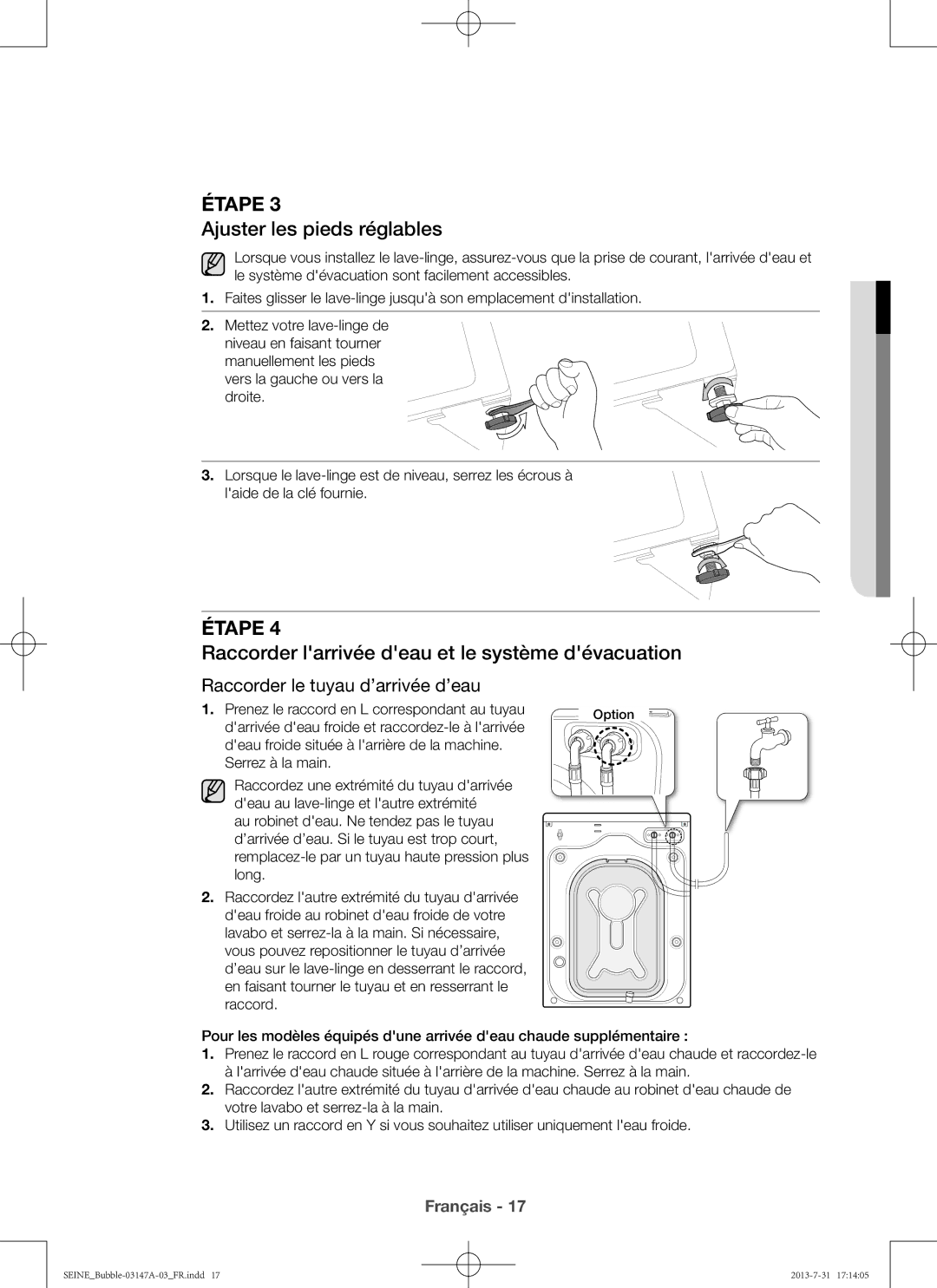 Samsung WF906U4SAWQ/EF, WF806U4SAWQ/EF manual Ajuster les pieds réglables, Raccorder larrivée deau et le système dévacuation 