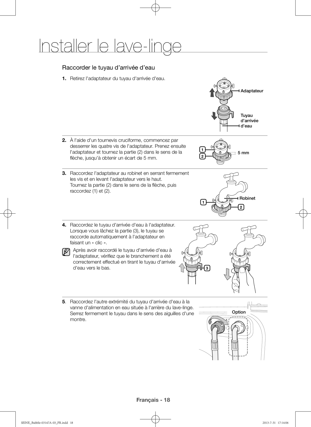 Samsung WF806U4SAWQ/EF, WF906U4SAWQ/EF manual Retirez ladaptateur du tuyau darrivée deau, Deau vers le bas 