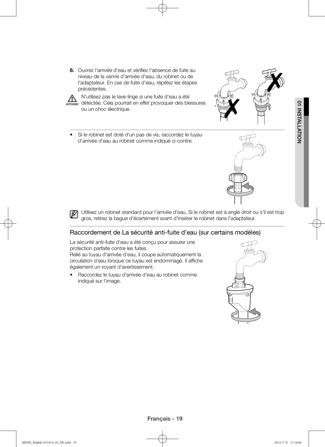 Samsung WF906U4SAWQ/EF, WF806U4SAWQ/EF manual Provoquer des blessures, Ou un choc électrique 